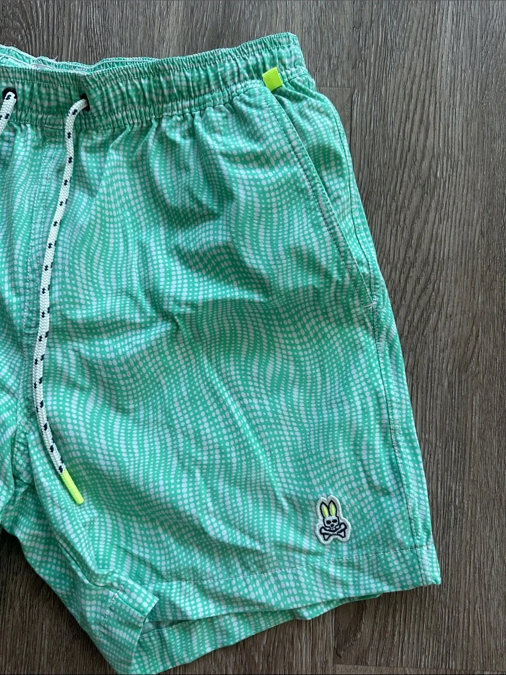 Psycho Bunny Wavy Print Swim Trunks Green & White Small Beach Summer